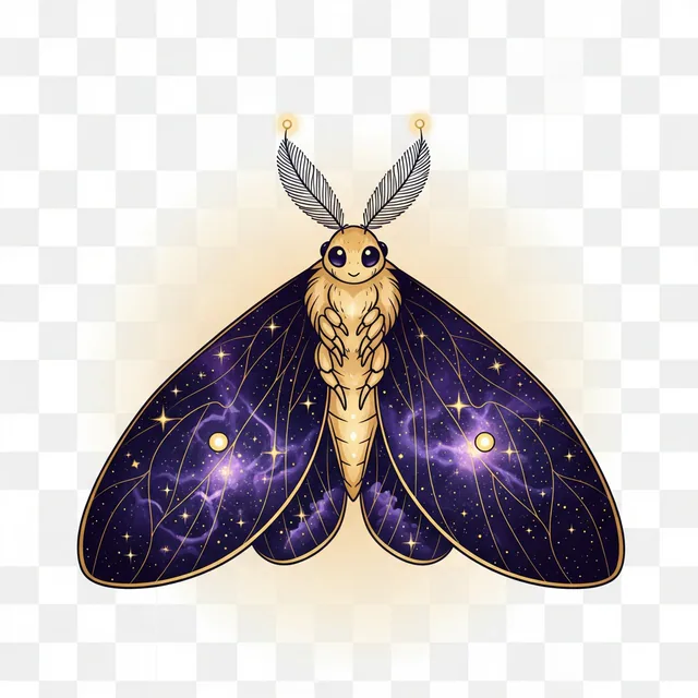 Lumi, the stardust moth mascot, with glowing wings.